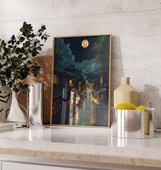 Tokyo Night Street Poster – Rainy Japanese Cityscape Full Moon Wall Art