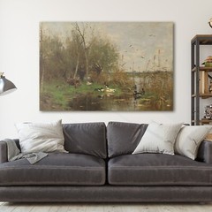 Ducks by Duck Shelter Vintage Oil Painting Landscape Farm Canvas Wall Art Print