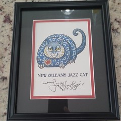3 framed Cat Art Prints Signed 8 x 10 Colorful Whimsical Embossed Kitty set 2009