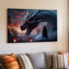 Dramatic Fantasy Scene Featuring A Massive, Intricately Detailed Dragon Wall Art