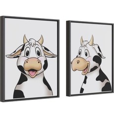 Two Framed Canvas Cows Artwork 20×16″ Black Frames For Kids, Baby, Toddler Décor