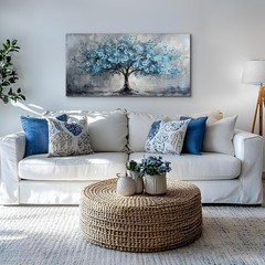Blue Flowers Tree Pictures Wall Decor Canvas Painting Mural,24″x48″ DIY Framed