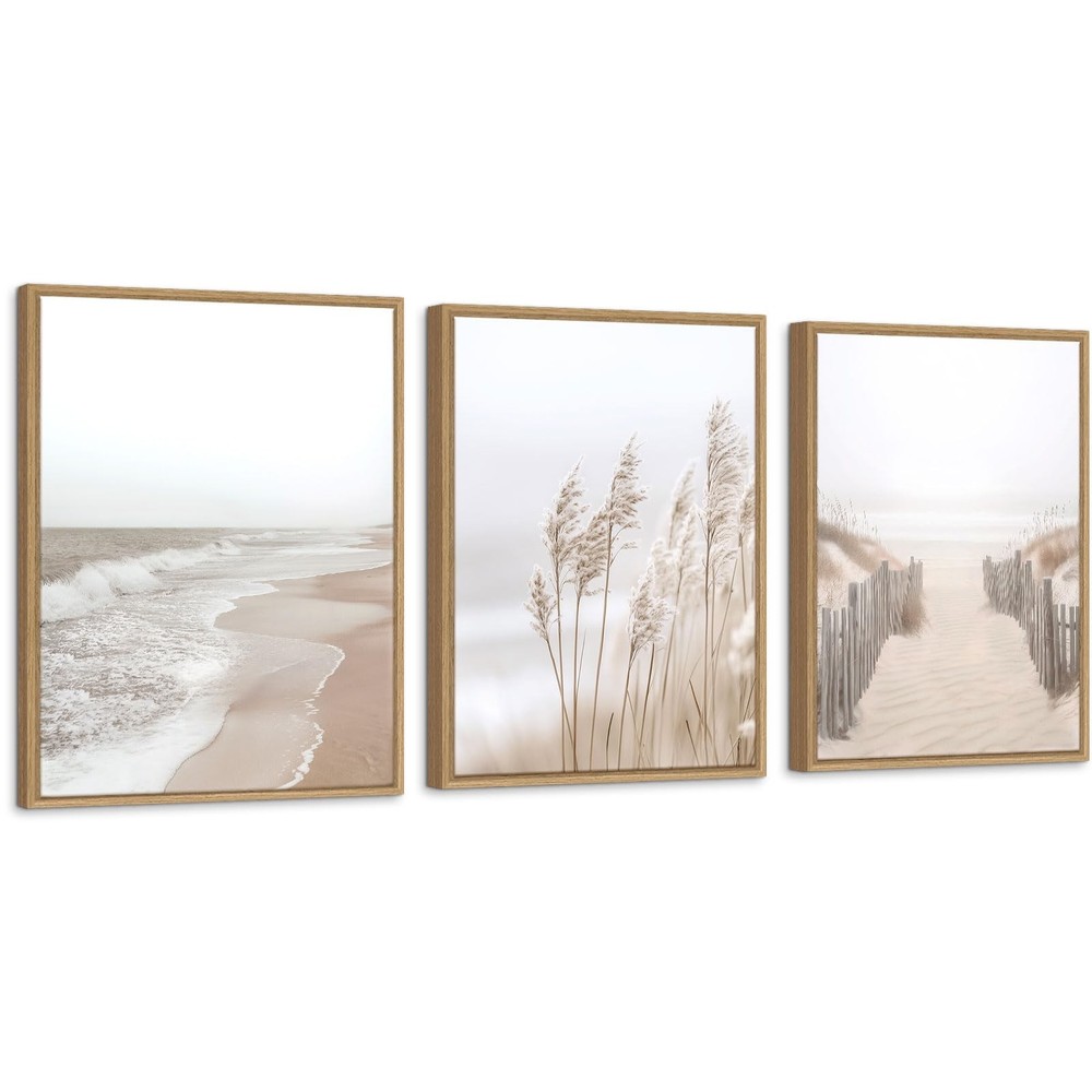 Neutral Beach Pampas Grass Wall Art Boho Coastal Canvas Wall Decor, Ocean Sho…