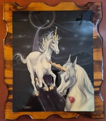 Vintage Ferraro 1980s Fantasy Unicorns Art Glossy Lacquered Wood 11.5×9.5″