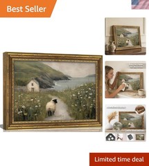 Rustic Coastal Sheep Oil Painting in Vintage Gold Frame – Farmhouse Wall Decor