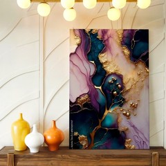 Wall Art Abstract Alcohol Ink Gold Foil Purple Teal Marble Canvas Print Decor