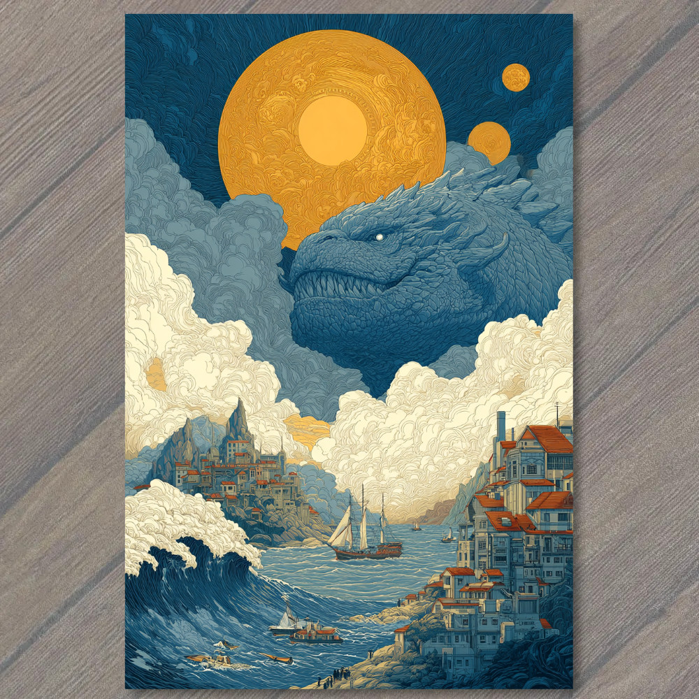 Art Print Dragon Head In Clouds Sea Castle Town Swirling Waves