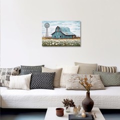 Turquoise Barn Canvas Wall Art – Rustic Teal Old Barn and Windmill Flowers Pa…