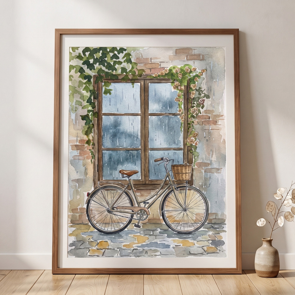 Vintage Bicycle Watercolor Poster Rainy Window Wall Art Cottagecore Cozy Decor