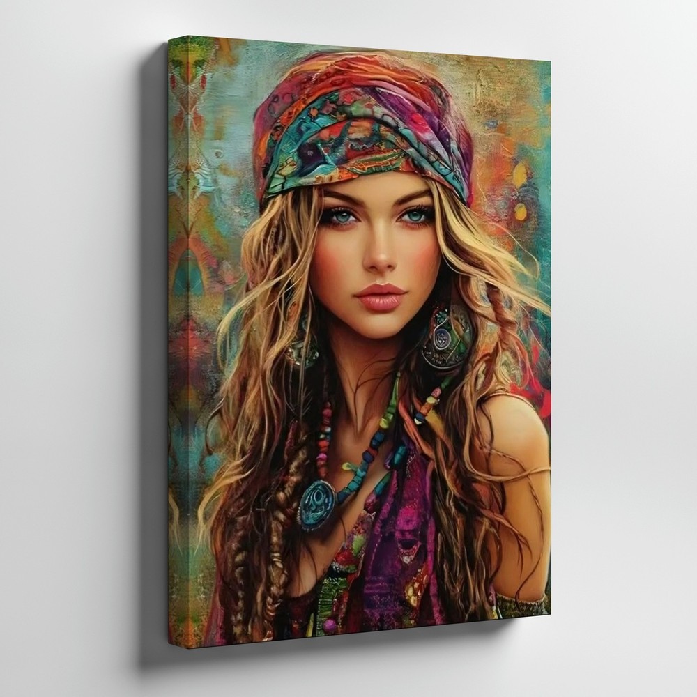 Bohemian Woman Portrait Canvas Wall Art Colorful Scarf Dreamy Eyes Wall Home