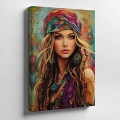 Bohemian Woman Portrait Canvas Wall Art Colorful Scarf Dreamy Eyes Wall Home
