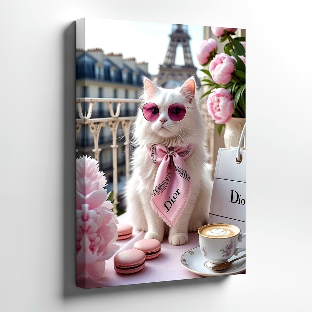 Wall Art White Cat in Pink Sunglasses Bow Paris Balcony Floral Fashion Print