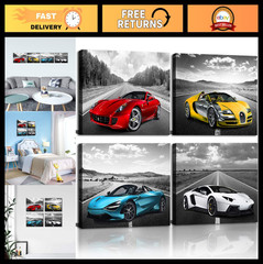 Framed Black & White Car Poster Wall Art – Sports Cars Decor for Teen Boys, Offi