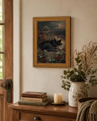 Black Cat Wall Art Decor, Vintage Gold Framed Sleeping Cat Canvas Print, Dark…