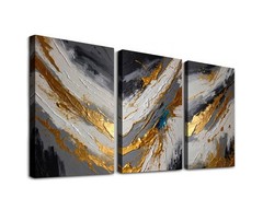 Grey and Gold Abstract Large 3-Panel Canvas Print, Home Decor Neutral Wall Art