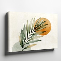 Modern Botanical Canvas Wall Art with Green Palm Leaf and Abstract Circles Decor