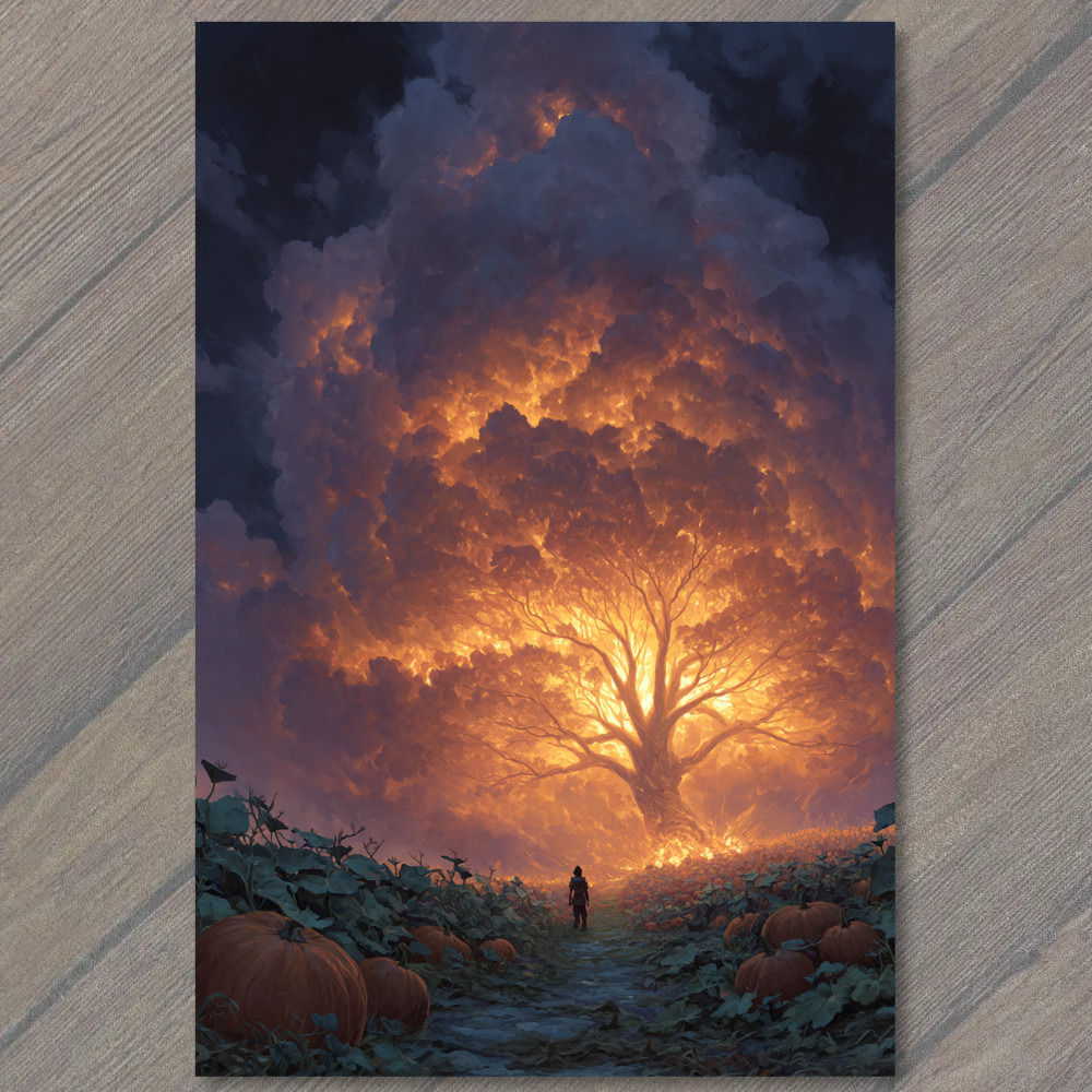 Art Print Glowing Tree Pumpkin Patch Fire Sky Autumn Fantasy Halloween Fall