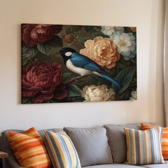 Blue and White Bird Perched on Branch with Red and White Flowers Canvas Wall Art