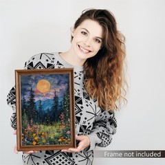 Vintage Full Moon Above The Wildflowers Canvas Wall Art, Mystical Midnight Wo…