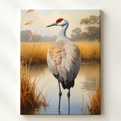 Sandhill Crane In Wetlands Canvasdetailed Painting Of Crane With Reflections