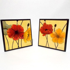 Carol Robinson Poppies 2 Square Wall Plaque Set Orange Yellow Flowers
