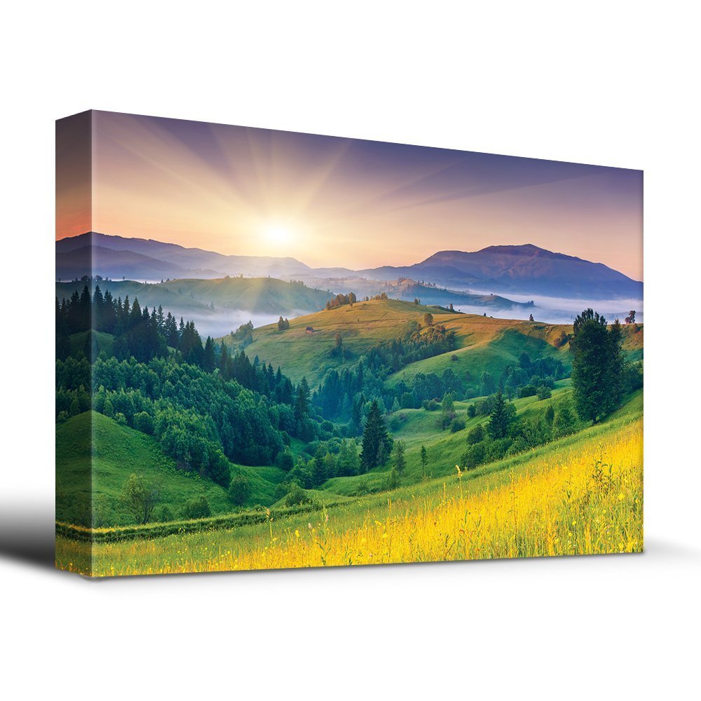 Sunset over lush valley meadow – Canvas Art Home Decor – 24×36 inches