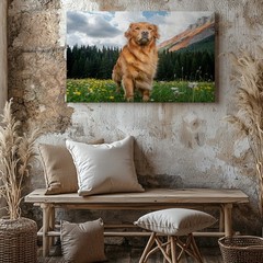 Golden Retriever Canvas Wall Art Meadow Mountain Landscape Nature Wildlife Print