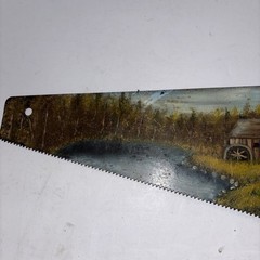 Vintage Rustic Country Art Scenery Watermill Field Pond Hand Painted Hand Saw