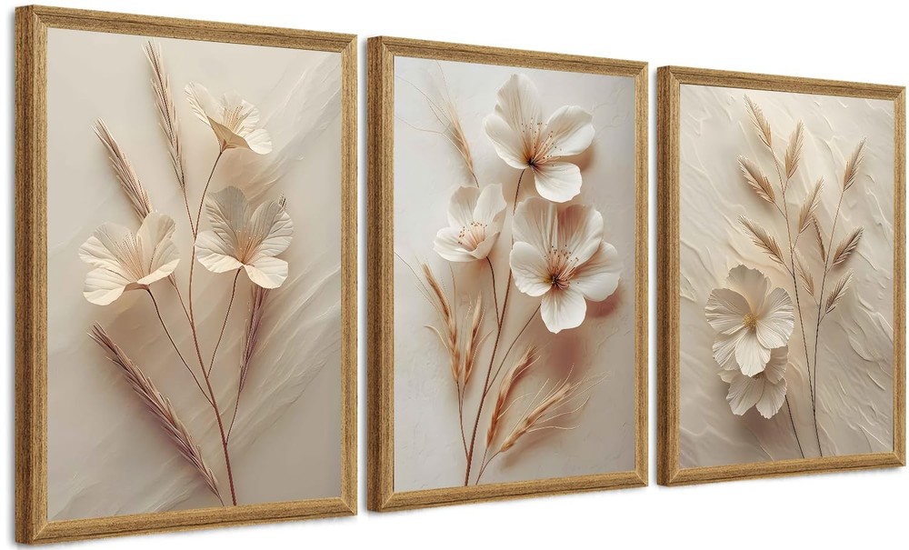 3Pcs Framed Wall Art Beige Wall Decor Living Room Canvas Art Botanical Pictur…