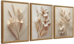 3Pcs Framed Wall Art Beige Wall Decor Living Room Canvas Art Botanical Pictur…