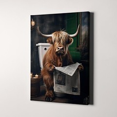 Highland Cow Reading Newspaper On Toilet Funny Bathroom Canvas Wall Art Print