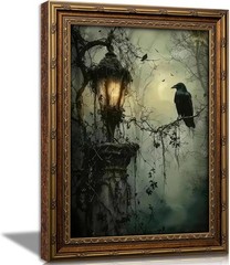 Vintage Gold Framed Crow Canvas Wall Art Dark Academia Gothic Painting Pictur…