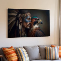 Native American Warrior Face Paint Feathers Canvas Wall Art Print Decor