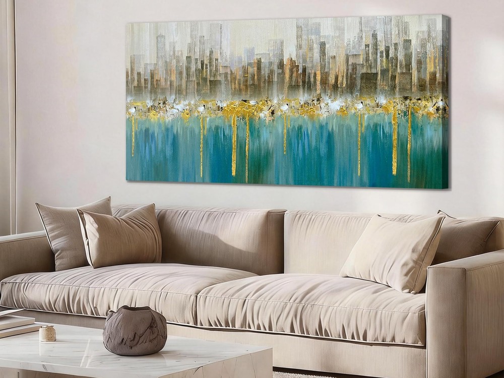 Teal Abstract Cityscape Canvas Art – 48″x24″ Modern Skyline Wall Decor
