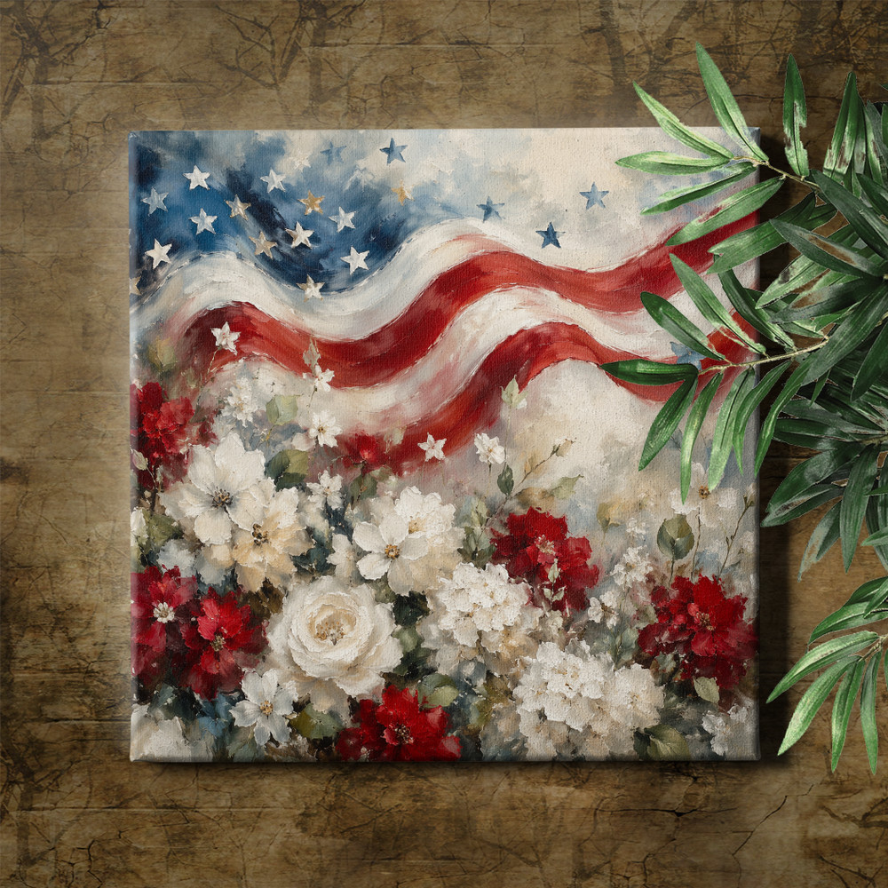 Patriotic floral flag scene Canvas Print with waving red white blue colors