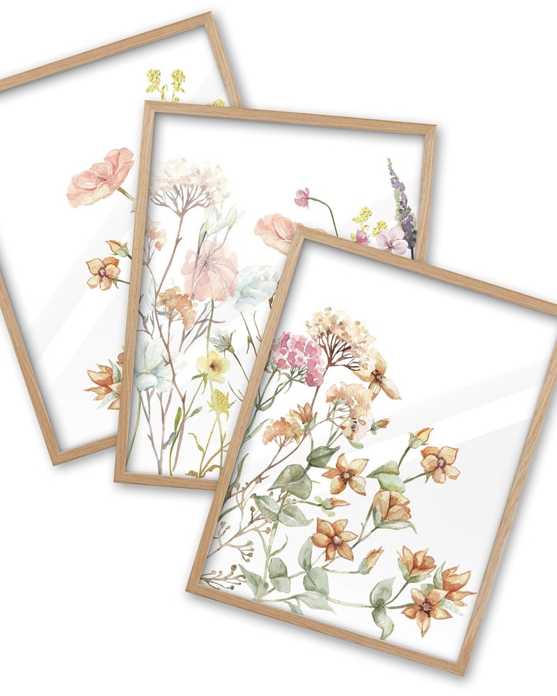 Natural OAK Wood Framed Combined Floral Wall Art, 12×16 in Set of 3 Color Wil…