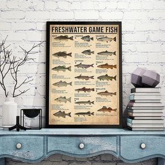 Vintage Fishing Poster – Freshwater Game Fish Knowledge Print – Home Decor