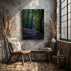 Wall Art Serene Forest Scene At Dusk, Featuring Tall, Majestic Trees With Thick
