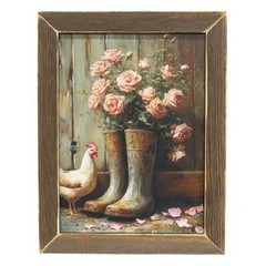 NEW PRIMITIVE FARMHOUSE ROSES RAINBOOTS CHICKEN Print Framed 13.5″Wx17.5″H Aged