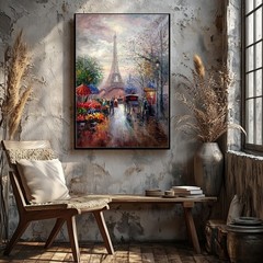 Paris Eiffel Tower Canvas Wall Art Vintage Cityscape Flower Market Street Scene
