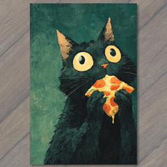 Art Print Black Cat Eating Slice Pizza Funny Quirky Humor Animal Lovers Cute Art