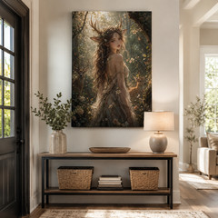 Deer Girl Canvas Wall Art Fantasy Forest Antler Woman Cottagecore Boho Home Deco