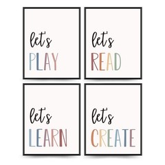 Let’s Play Read Wall Art Prints Decor Set of 4 – Play Room Essentials, Boho N…