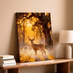 Wall Art Deer in Forest Golden Light Rustic Wildlife Landscape Painting Decor