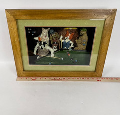 Vintage Dogs Playing Pool Billiards 3D Diorama ~ Wood Frame 18 x 13 ~ Very Good