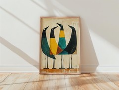 Mid Century Modern Abstract Bird Art Print, Teal Mustard Geometric Wall Decor
