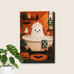 Ghost in bathroom Halloween scene Canvas Art spooky humorous illustration