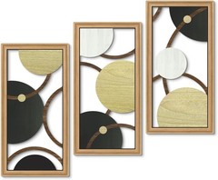 Modern Geometric Cut-Out Wall Art Set of 3 Black Gold Circle Wall Panels Living