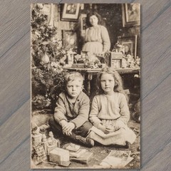 Art Print Creepy Christmas Children Tree Presents Antique Family Portrait