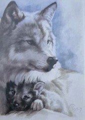 Vintage Wooden Framed Print Wolf With Cub by Artist Clancy Cherry – 8×10 inches